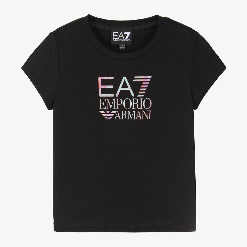 EA7 Emporio Armani - Черная облегающая футболка из хлопка для девочек | Childrensalon