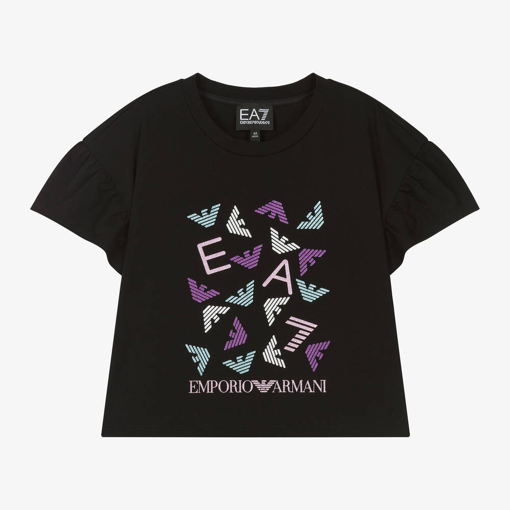 EA7 Emporio Armani - Girls Black Glittery Cotton T-Shirt | Childrensalon