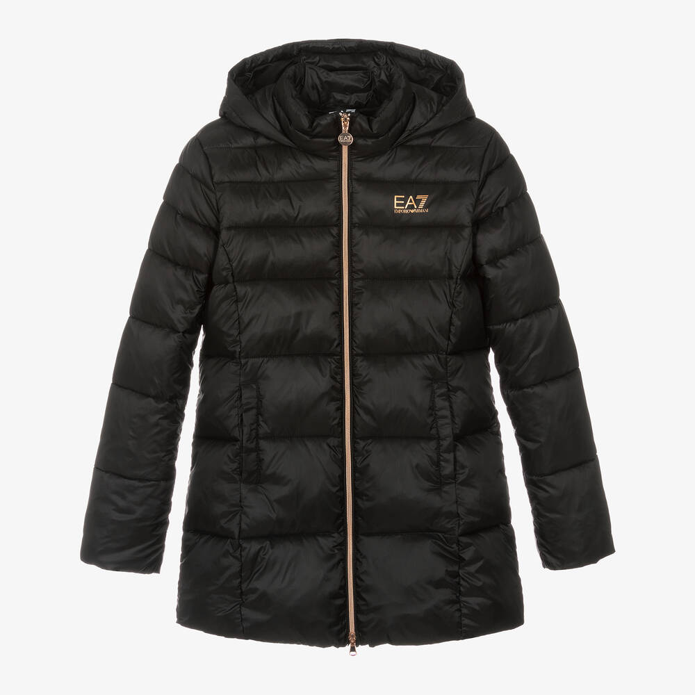 EA7 Emporio Armani - Girls Black Hooded Puffer Coat | Childrensalon