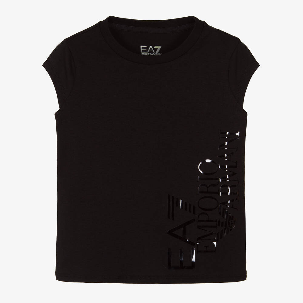EA7 Emporio Armani - Girls Black Organic Cotton T-Shirt | Childrensalon