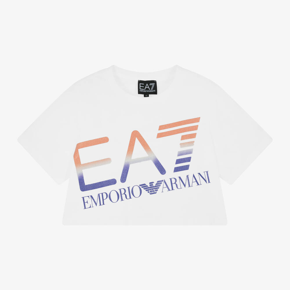 EA7 Emporio Armani - Girls Cropped White Cotton T-Shirt | Childrensalon
