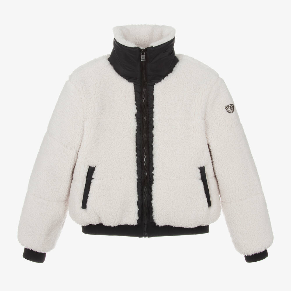 EA7 Emporio Armani - Girls Ivory Teddy Fleece Jacket | Childrensalon