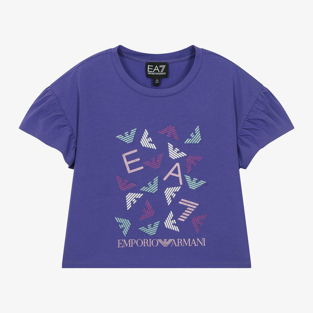 EA7 Emporio Armani - Girls Purple Glittery Cotton T-Shirt | Childrensalon