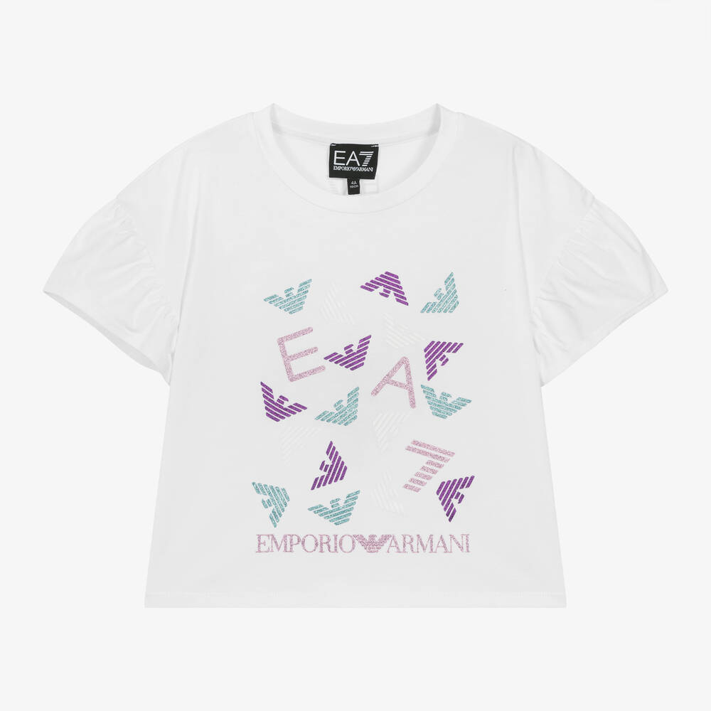EA7 Emporio Armani - Girls White Cotton Glittery T-Shirt | Childrensalon