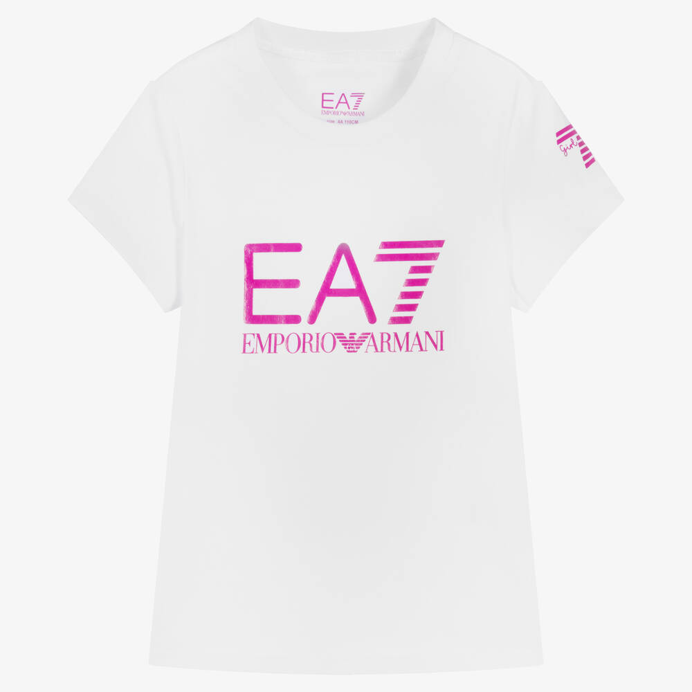 EA7 Emporio Armani - Girls White EA7 Logo T-Shirt | Childrensalon