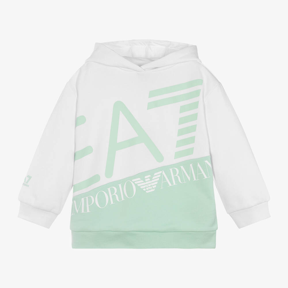 EA7 Emporio Armani - Girls White & Green Cotton Hoodie | Childrensalon