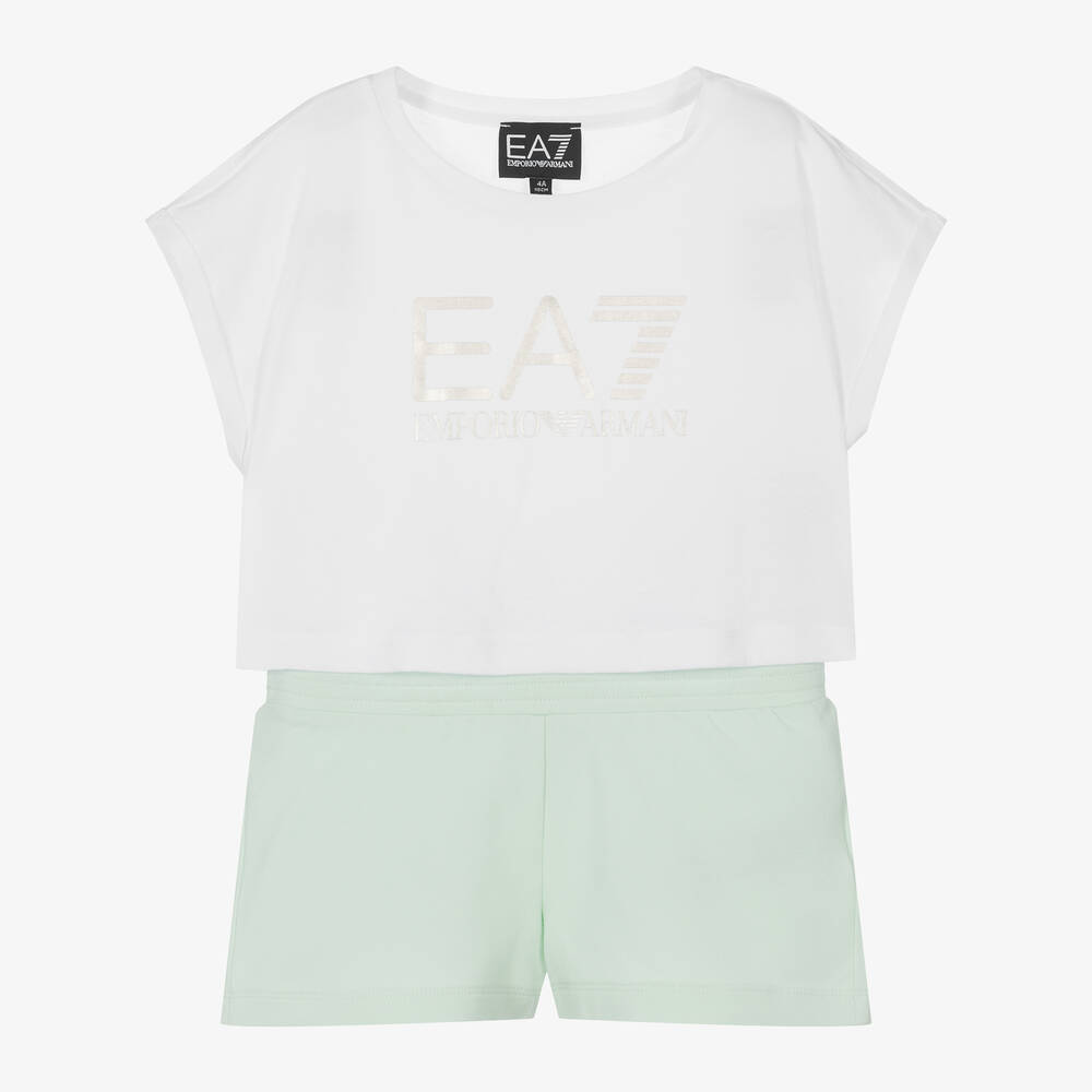 EA7 Emporio Armani - Girls White & Mint Green Cotton Shorts Set | Childrensalon