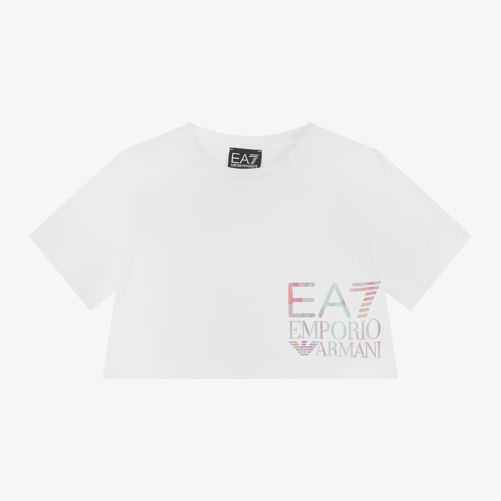 EA7 Emporio Armani - Girls White Organic Cotton T-Shirt | Childrensalon