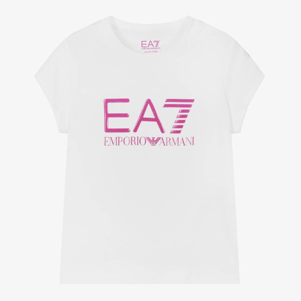 Ea7 Kids'  Emporio Armani Girls White & Pink Cotton T-shirt