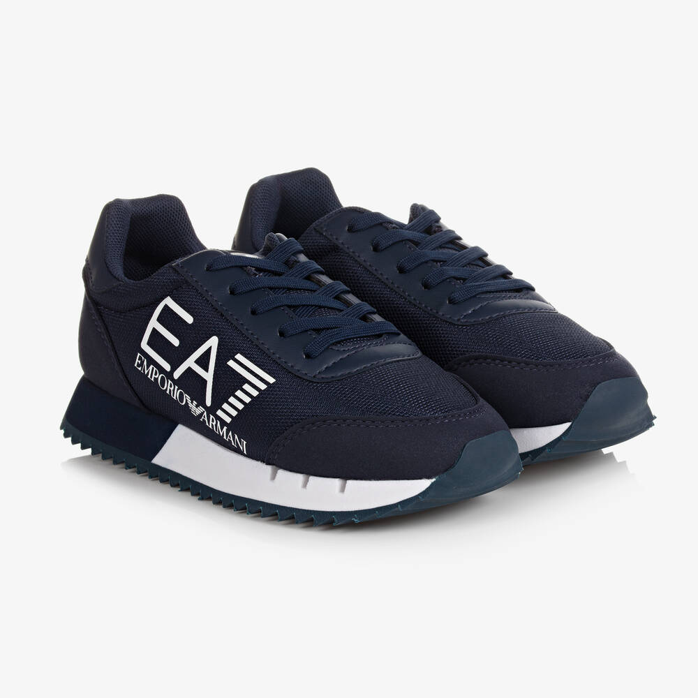 Ea7 Kids'  Emporio Armani Navy Blue Faux Leather Logo Sneakers