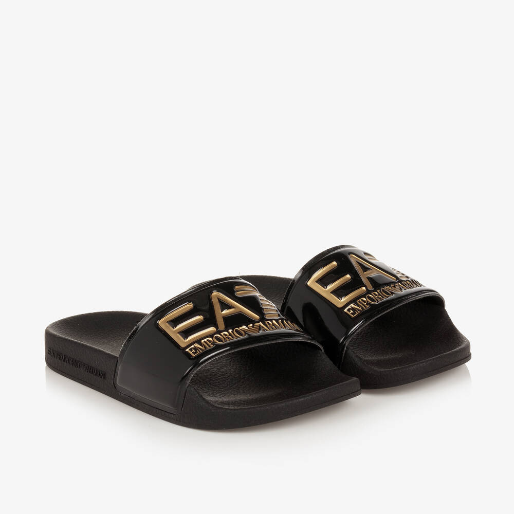 EA7 Emporio Armani - Teen Black & Gold Sliders | Childrensalon