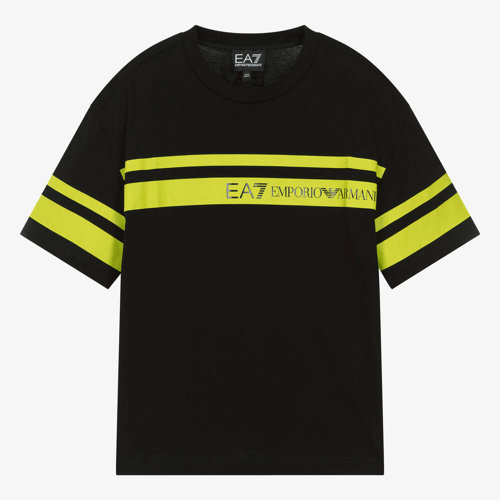 EA7 Emporio Armani - Teen Boys Black Cotton Striped T-Shirt | Childrensalon