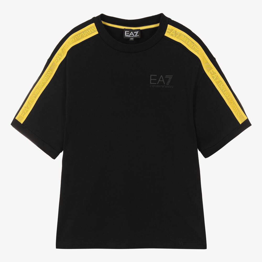 EA7 Emporio Armani - Черная хлопковая футболка с логотипной лентой для мальчиков-подростков | Childrensalon