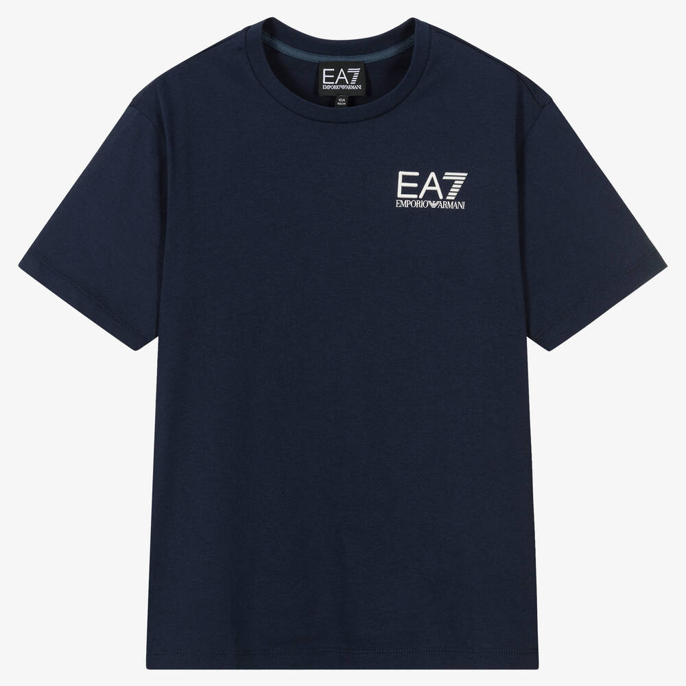 EA7 Emporio Armani - Teen Boys Blue Cotton Logo T-Shirt | Childrensalon