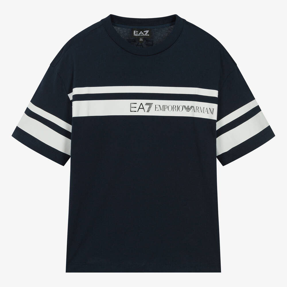 EA7 Emporio Armani - Teen Boys Blue Cotton Striped T-Shirt | Childrensalon