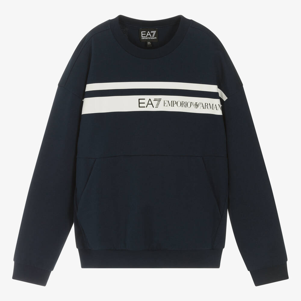 EA7 Emporio Armani - Teen Boys Blue Cotton Sweatshirt | Childrensalon
