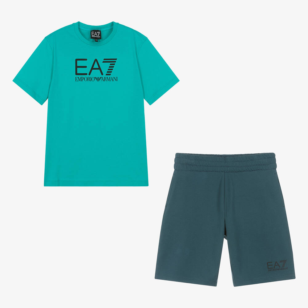 EA7 Emporio Armani - طقم شورت قطن لون أزرق وأخضر فيروزي للمراهقين | Childrensalon