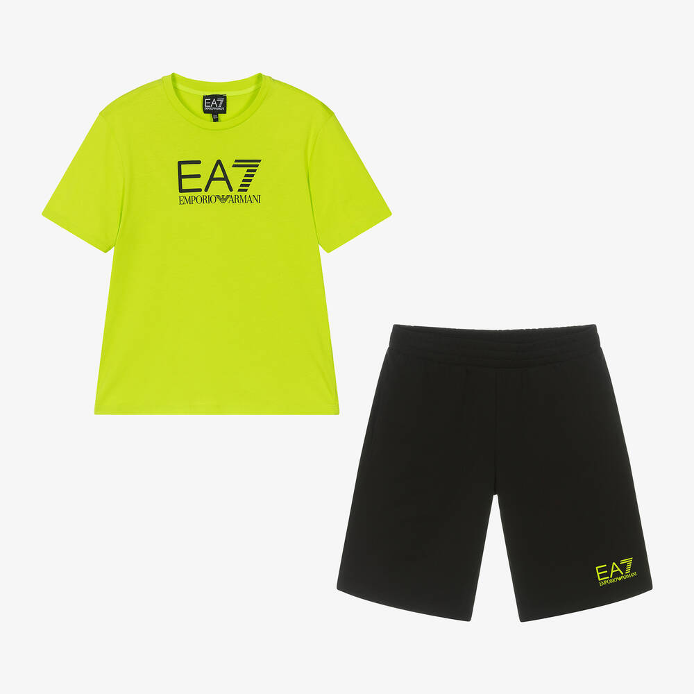 EA7 Emporio Armani - Зеленая футболка с шортами из хлопка для мальчиков-подростков  | Childrensalon
