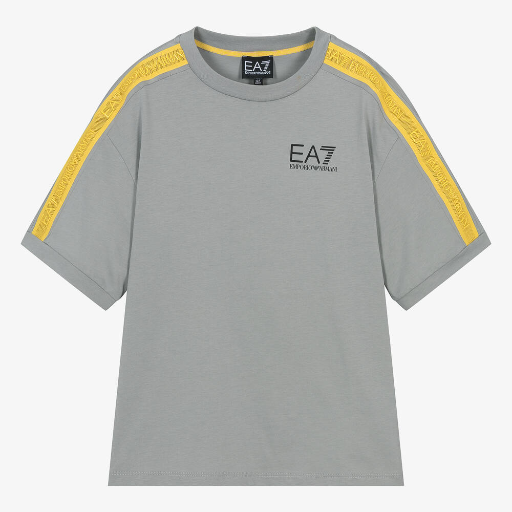 EA7 Emporio Armani - Серая хлопковая футболка с тесьмой для мальчиков-подростков  | Childrensalon