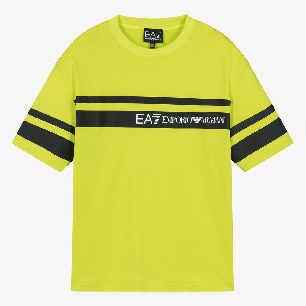EA7 Emporio Armani - Teen Boys Lime Green Striped T-Shirt | Childrensalon