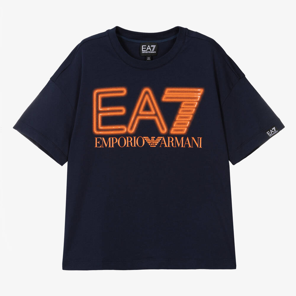 EA7 Emporio Armani - Синяя хлопковая футболка для мальчиков-подростков | Childrensalon