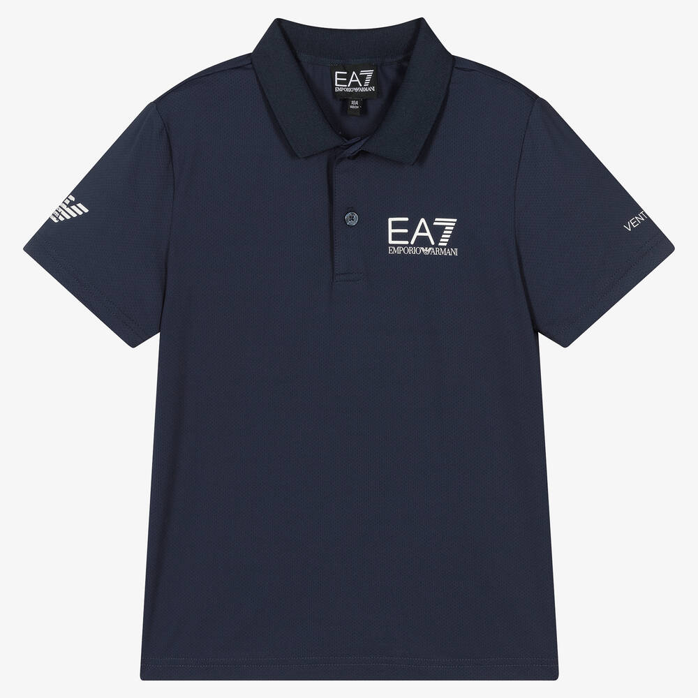 EA7 Emporio Armani - Синяя рубашка поло из материала Ventus7 для мальчиков-подростков | Childrensalon