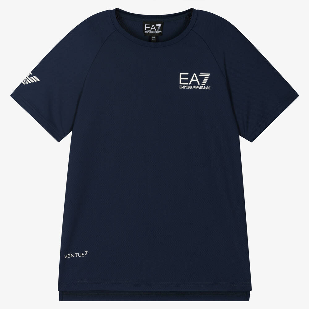 EA7 Emporio Armani - Синяя футболка из материала Ventus7 для мальчиков-подростков | Childrensalon