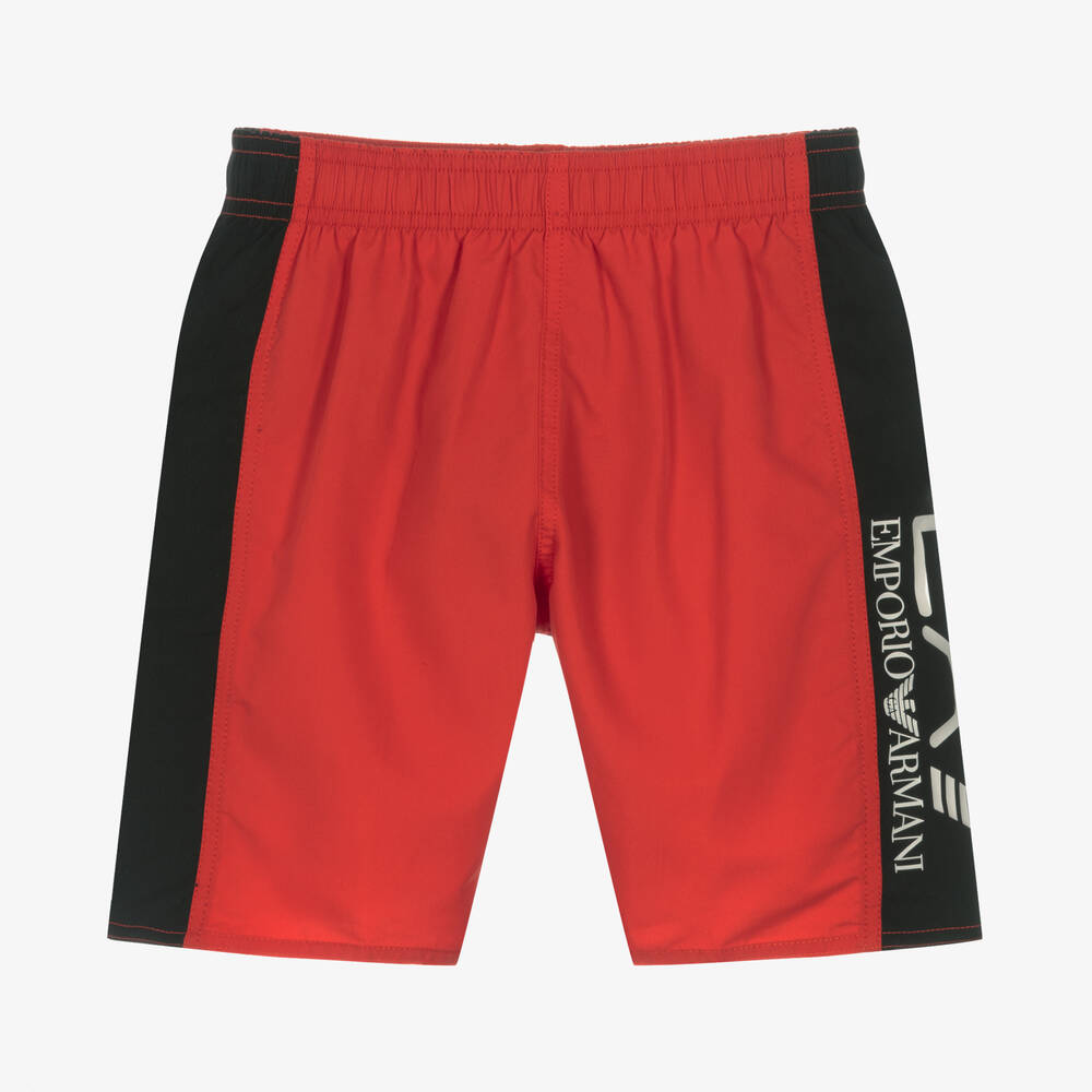 Ea7 Emporio Armani Teen Boys Red & Black Logo Swim Shorts