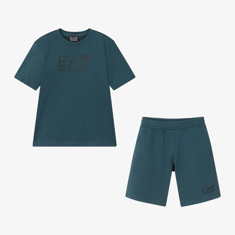EA7 Emporio Armani - Teen Boys Teal Blue Cotton Shorts Set | Childrensalon