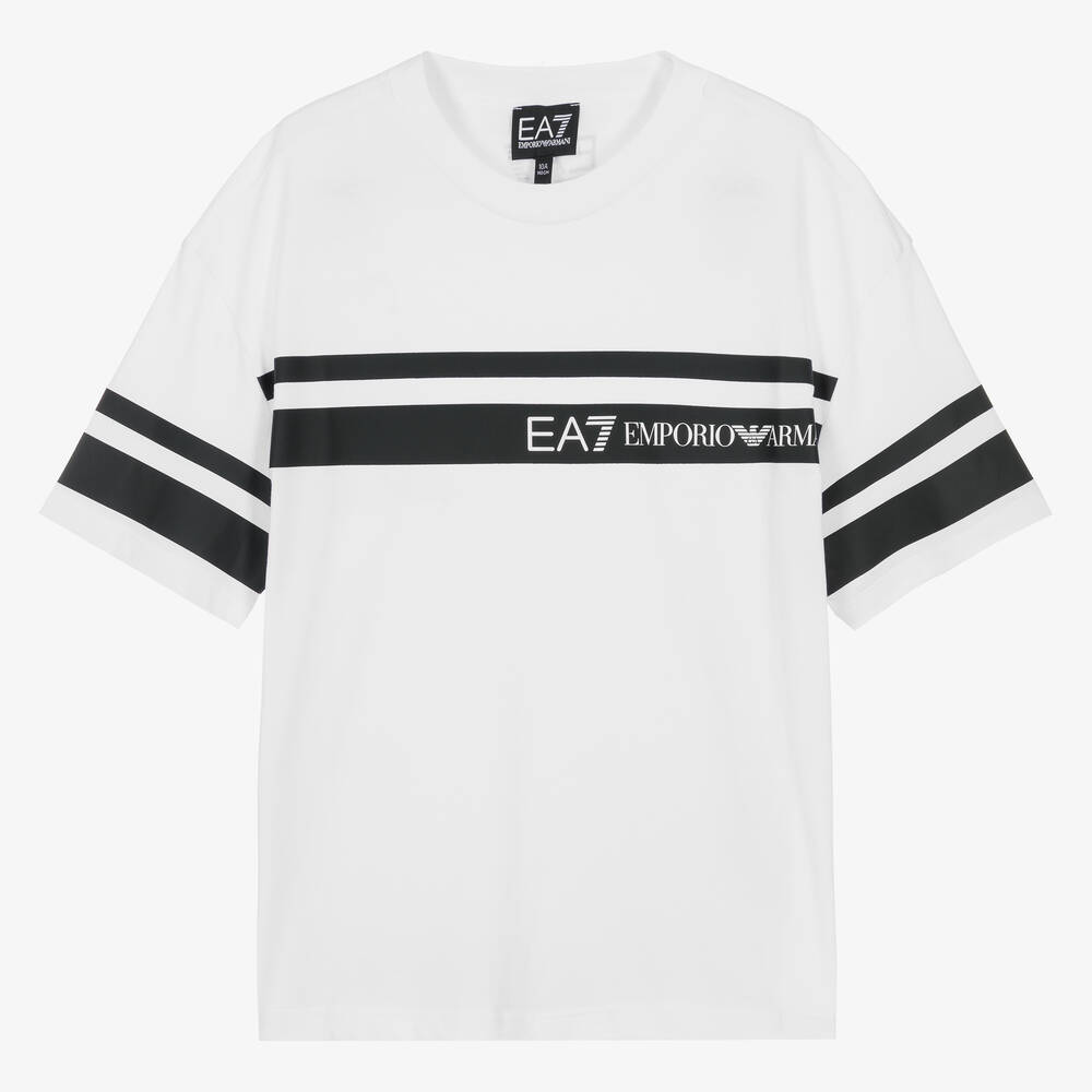EA7 Emporio Armani - Teen Boys White Cotton Striped T-Shirt | Childrensalon