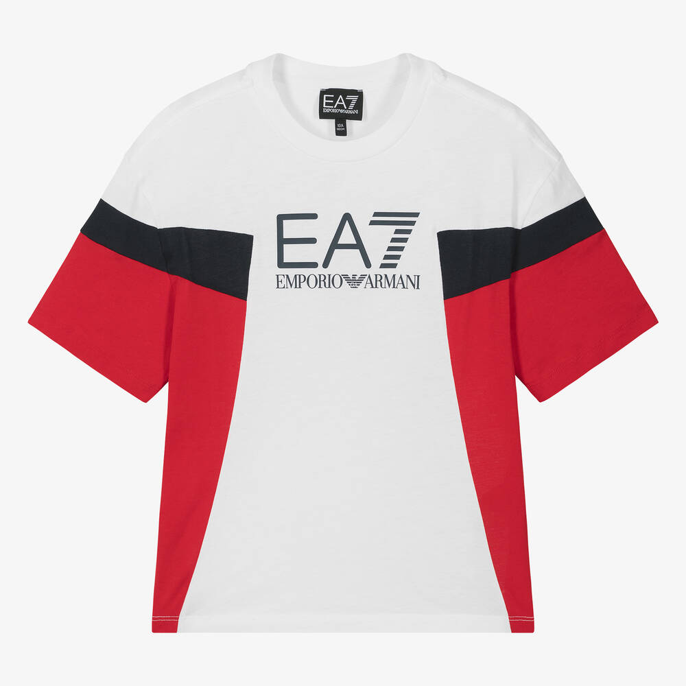 EA7 Emporio Armani - Teen Boys White Cotton T-Shirt | Childrensalon