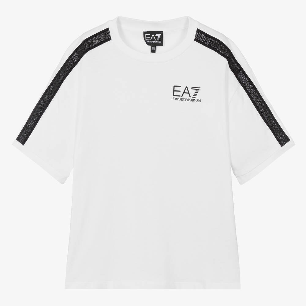 EA7 Emporio Armani - Белая хлопковая футболка с логотипной лентой для мальчиков-подростков | Childrensalon