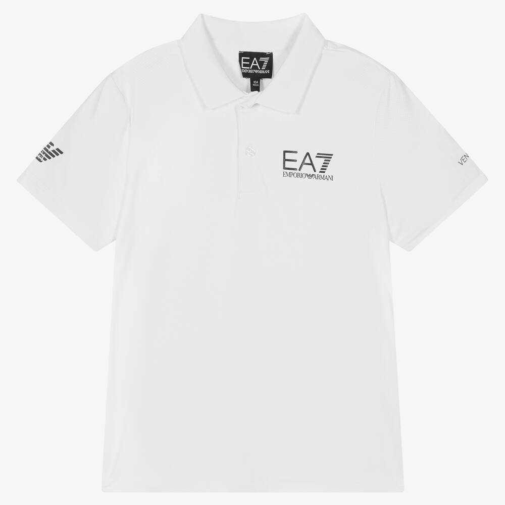 EA7 Emporio Armani - Белая рубашка поло из материала Ventus7 для мальчиков-подростков | Childrensalon