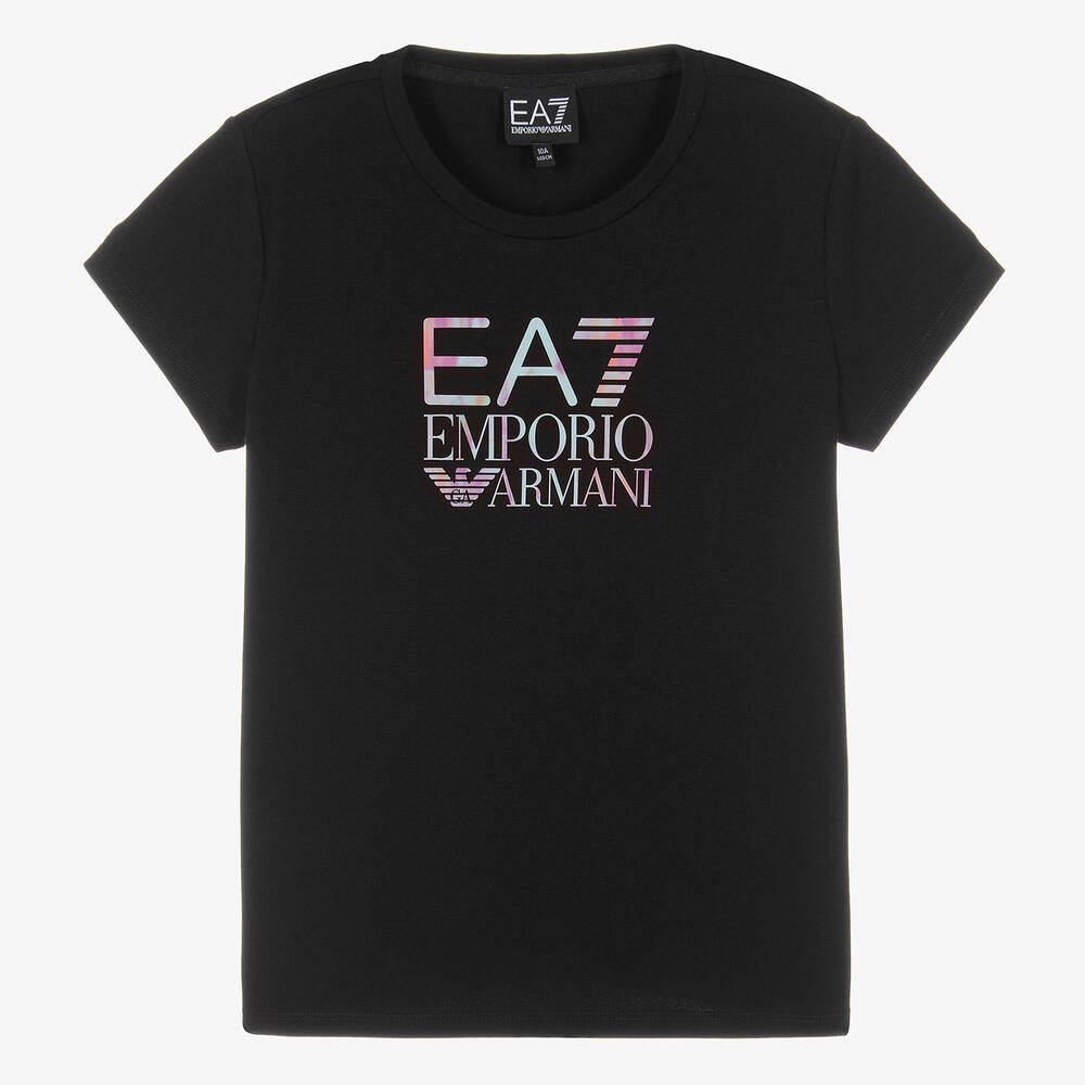 EA7 Emporio Armani - Черная хлопковая футболка слим фит для девочек-подростков  | Childrensalon