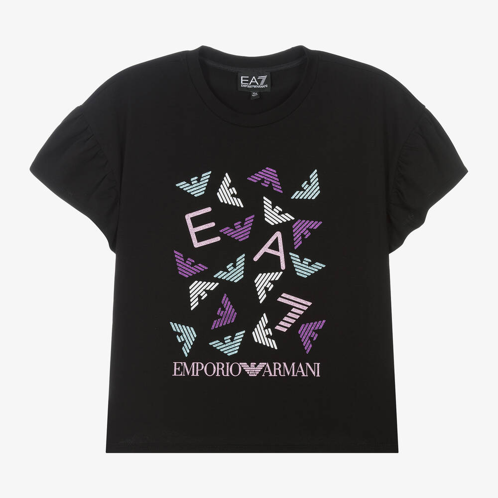 Ea7 Emporio Armani Teen Girls Black Glittery Eagle T-shirt