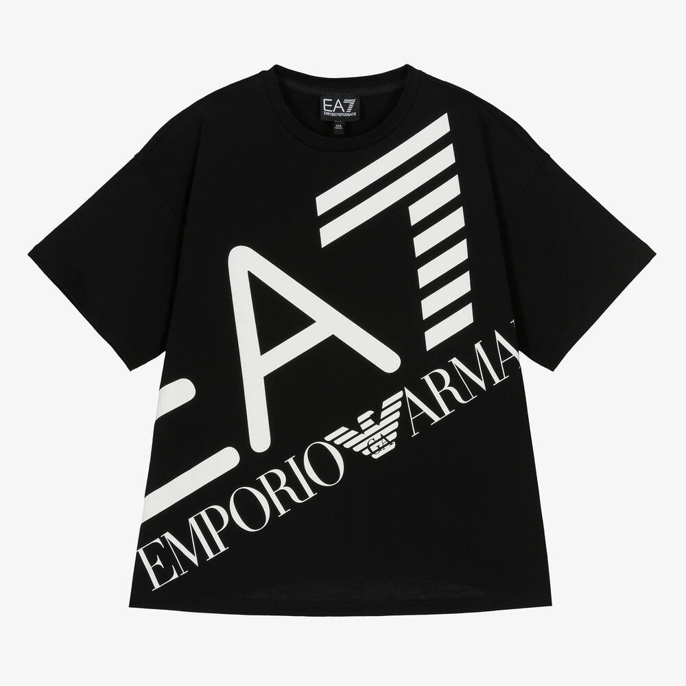 EA7 Emporio Armani - Teen Girls Black Oversized Cotton T-Shirt | Childrensalon