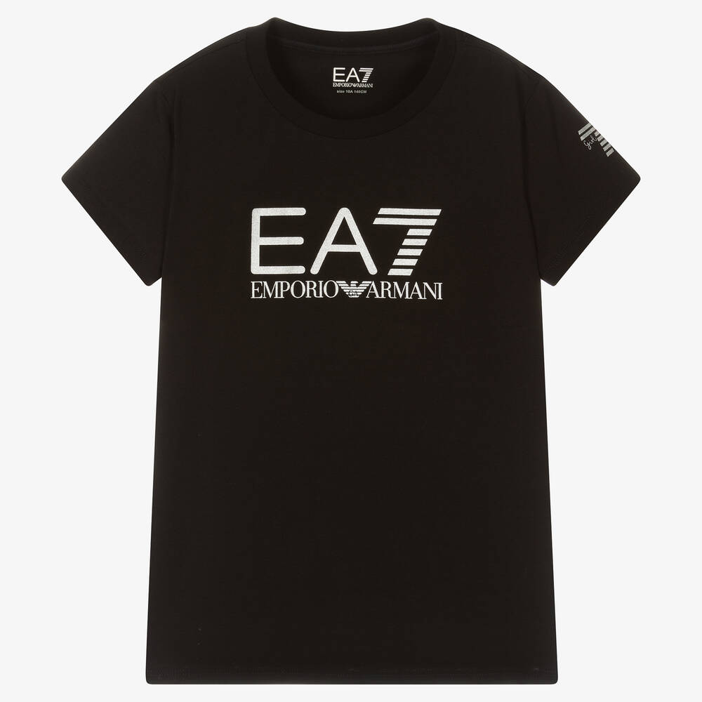 EA7 Emporio Armani - Черно-серебристая футболка из хлопка для девочек-подростков | Childrensalon