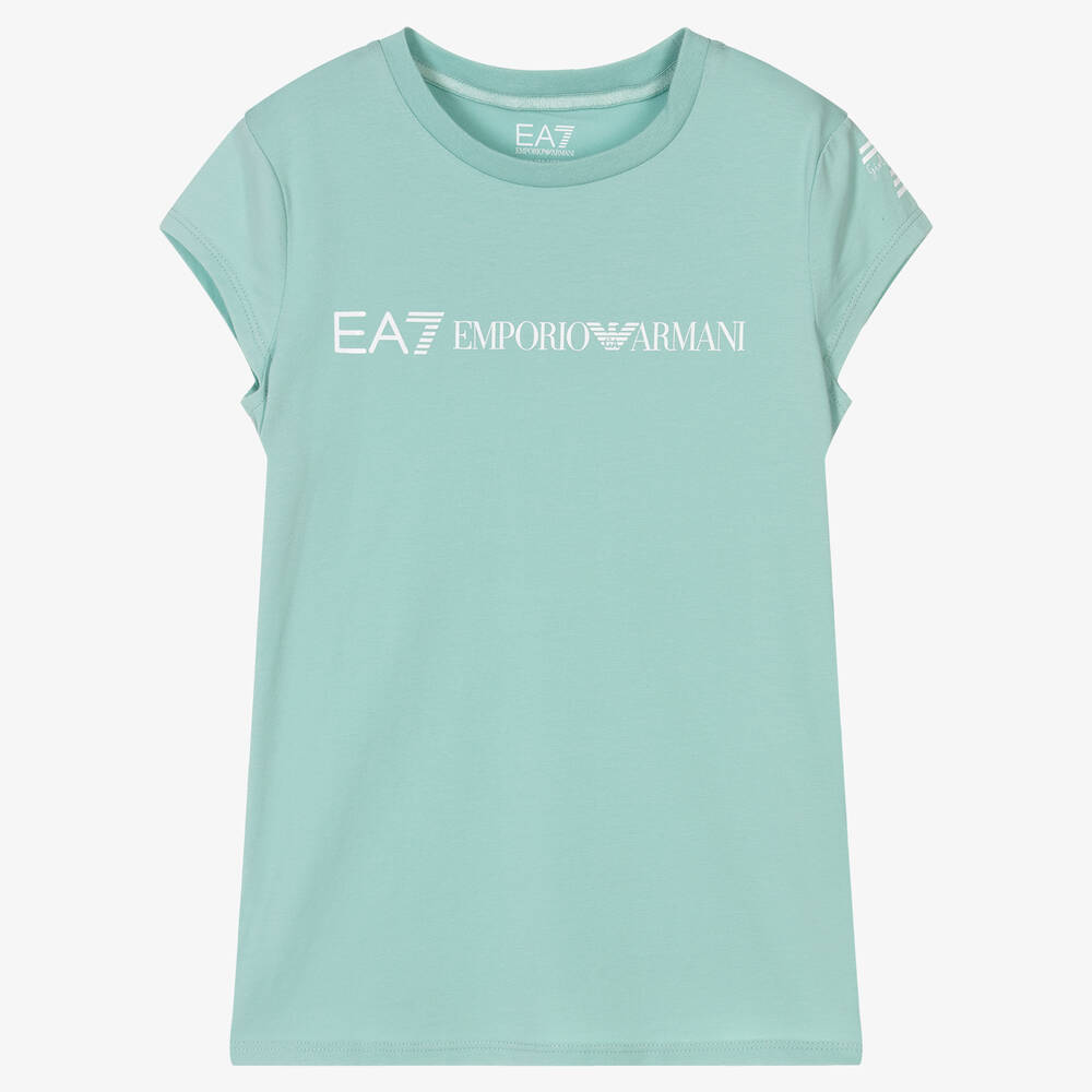 Ea7 Emporio Armani Teen Girls Blue Cotton Cap Sleeve T-shirt