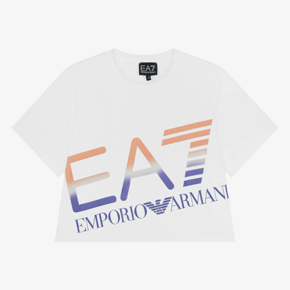 EA7 Emporio Armani - Teen Girls Cropped White Cotton T-Shirt | Childrensalon