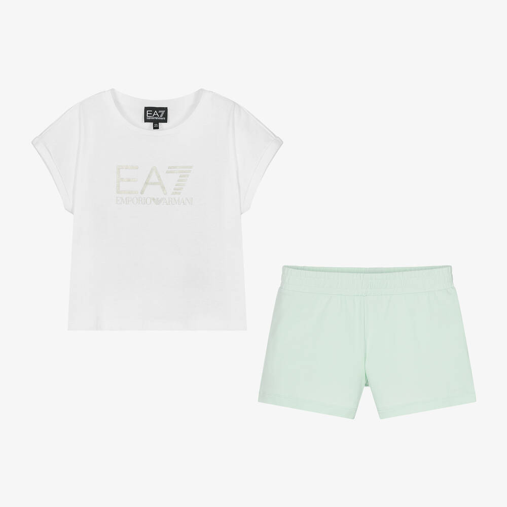 EA7 Emporio Armani - Teen Girls White & Green Cotton Shorts Set | Childrensalon
