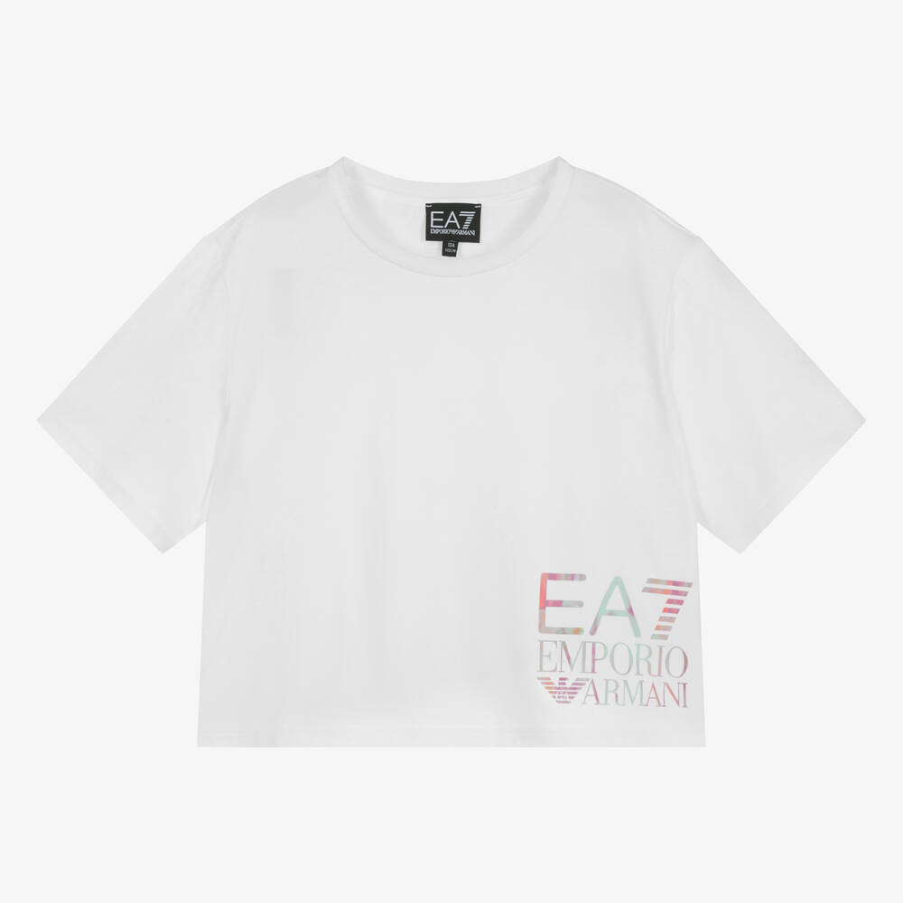 EA7 Emporio Armani - Teen Girls White Organic Cotton T-Shirt | Childrensalon