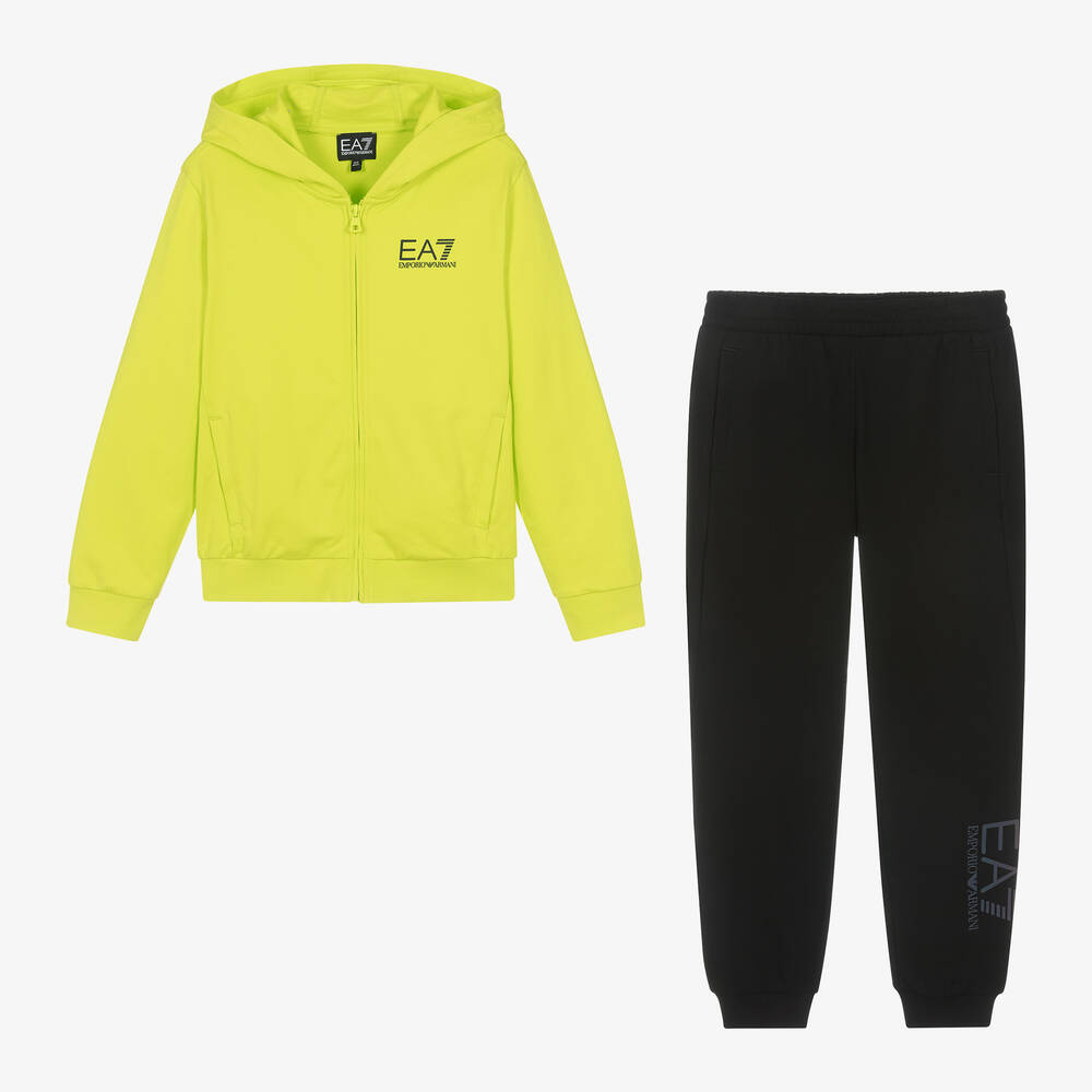 EA7 Emporio Armani - بدلة رياضية قطن جيرسي لون أخضر ليموني وأسود | Childrensalon