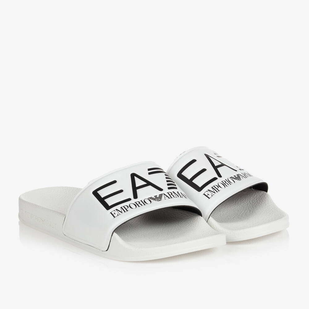EA7 Emporio Armani - Teen White Logo Sliders | Childrensalon