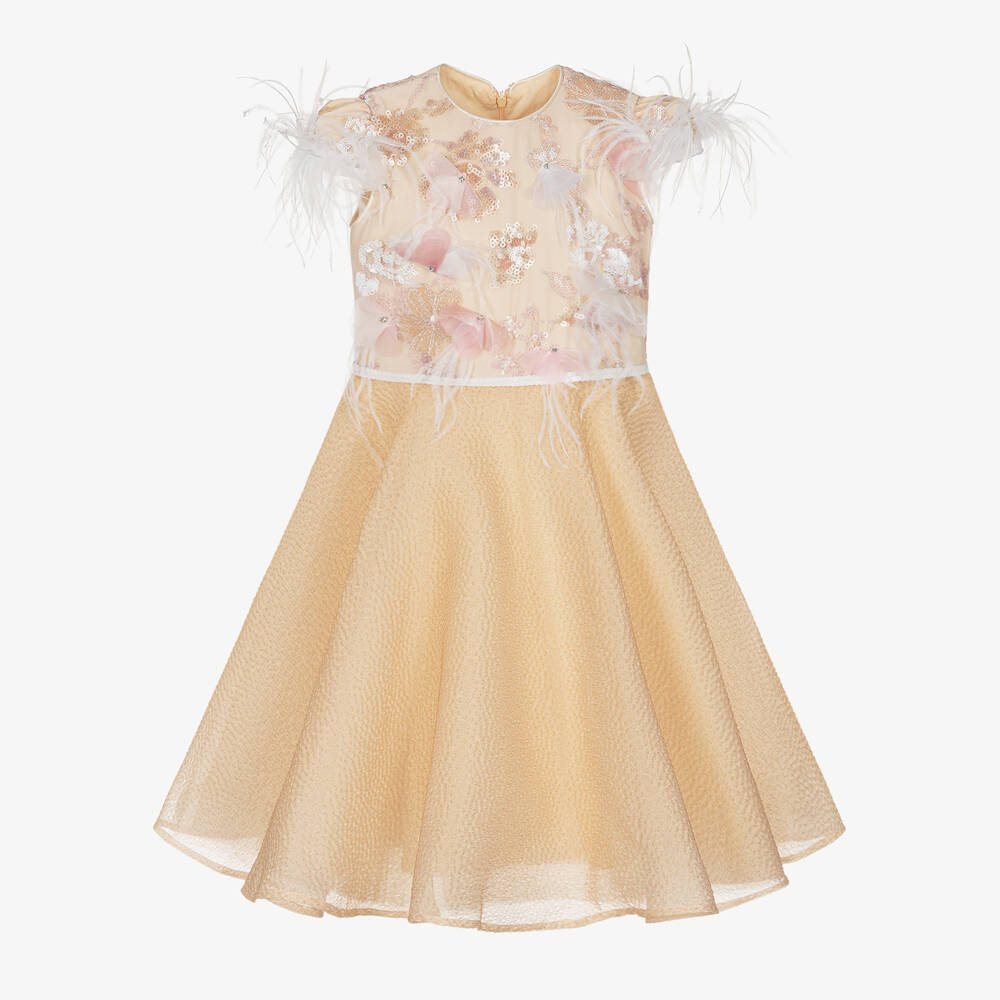 EIRENE - Girls Beige Flower & Feather Dress  | Childrensalon