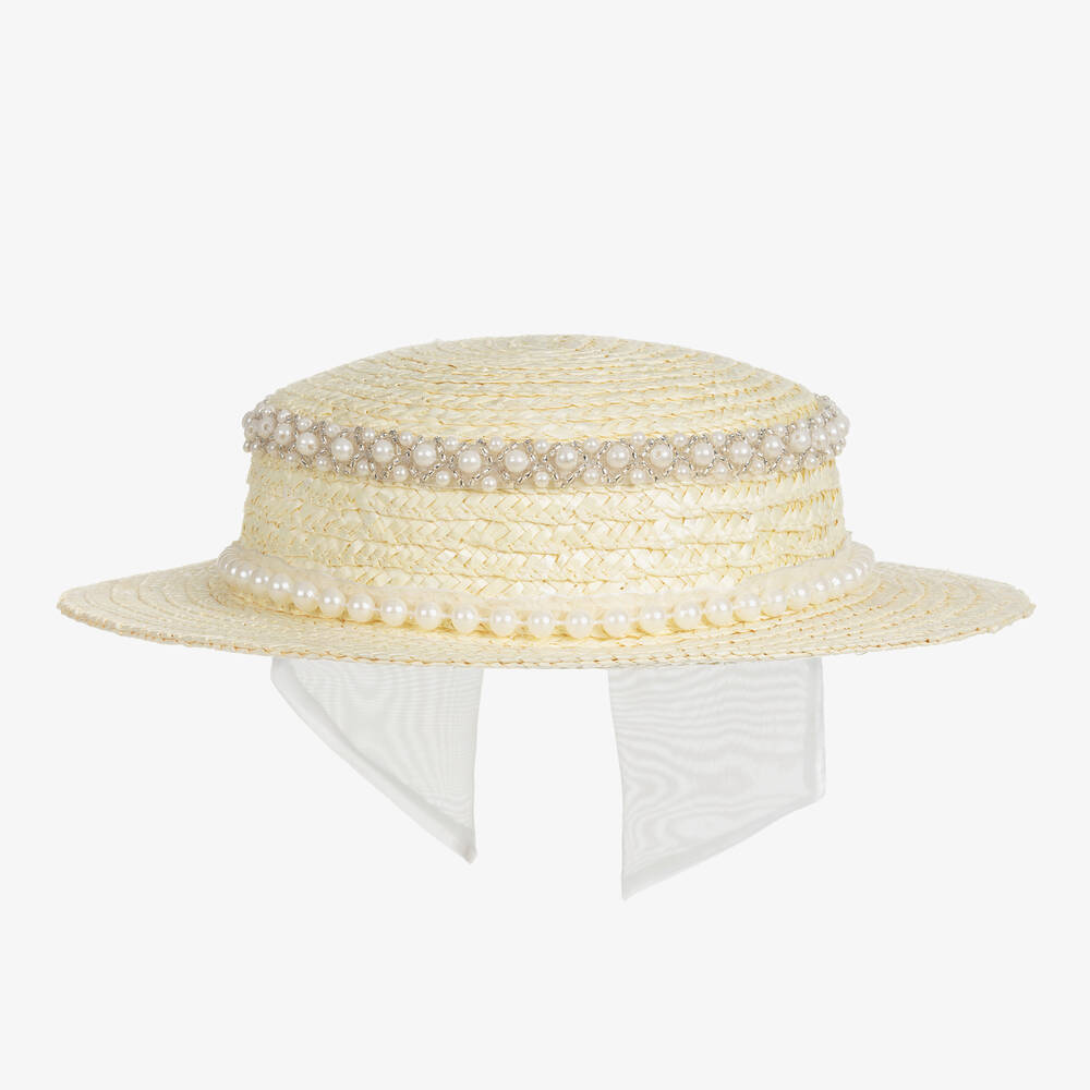 Eirene Girls Beige Straw Hat With Pearl & Bow Trim In Brown