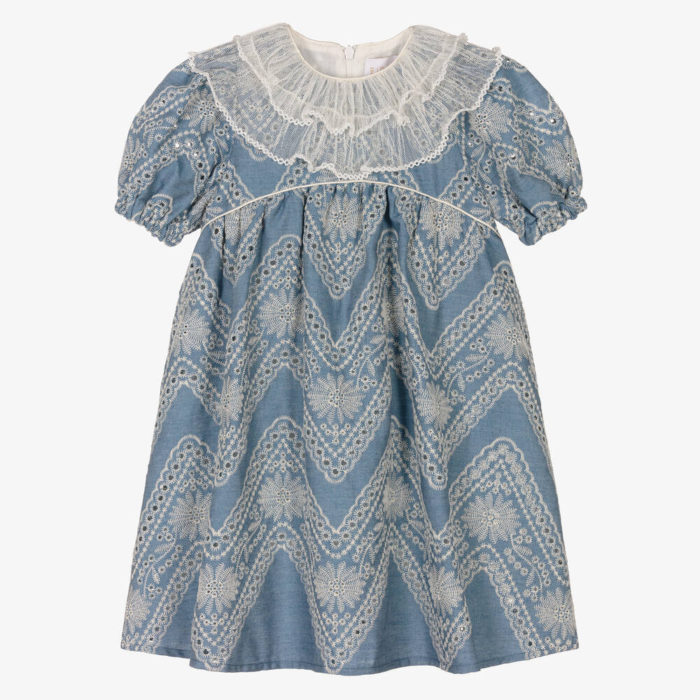 EIRENE - Girls Blue Embroidered Cotton Chambray Dress | Childrensalon
