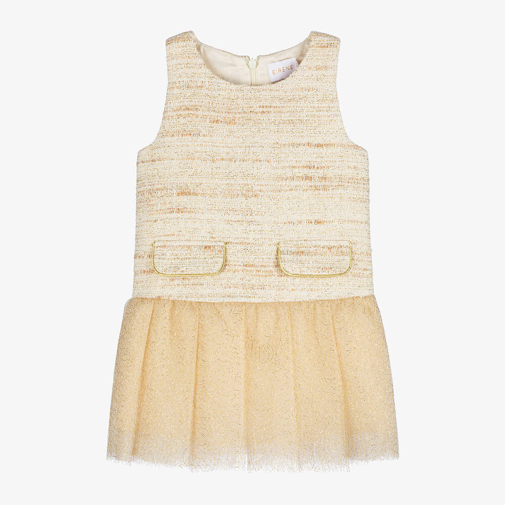 EIRENE - Girls Gold Tweed Wool & Tulle Dress | Childrensalon