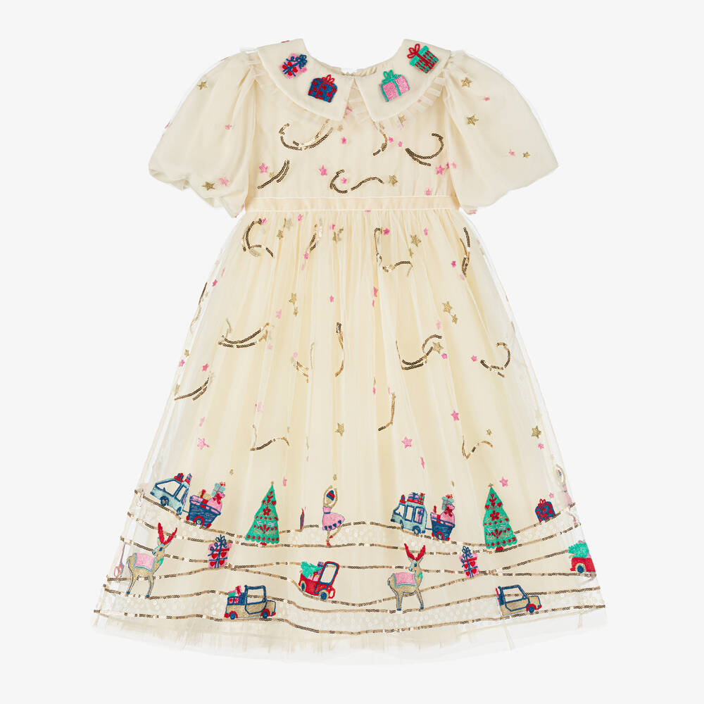 EIRENE - Girls Ivory Christmas Sequin Tulle Dress | Childrensalon