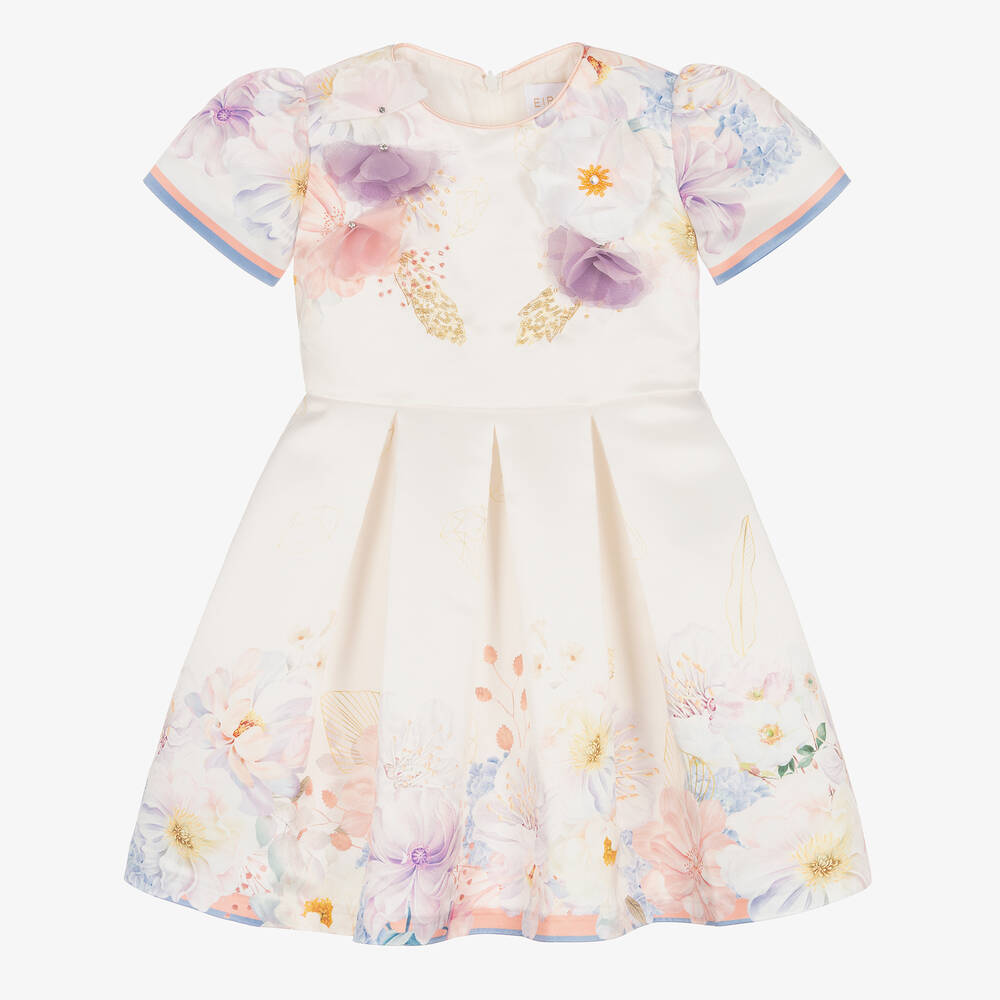 EIRENE - Girls Ivory Satin Floral Dress | Childrensalon