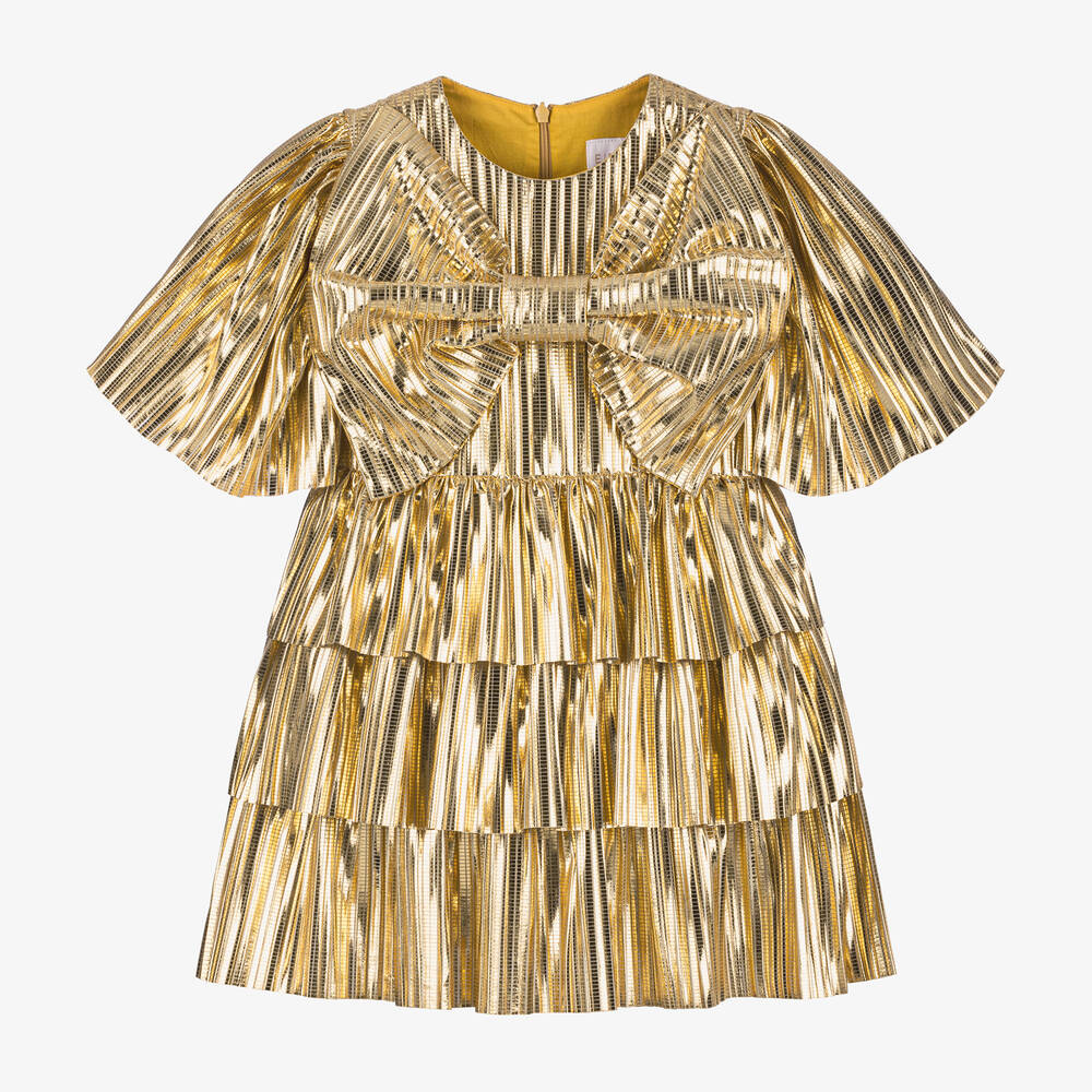 EIRENE - Girls Metallic Gold Tiered Dress | Childrensalon